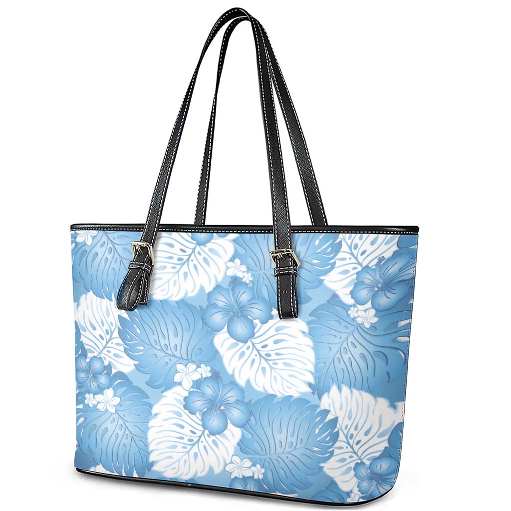 Blue Aloha Hawaii Leather Tote Bag Monstera Hibiscus Plumeria Seamless Vibes - Polynesian Pride