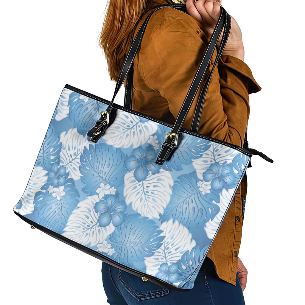 Blue Aloha Hawaii Leather Tote Bag Monstera Hibiscus Plumeria Seamless Vibes - Polynesian Pride