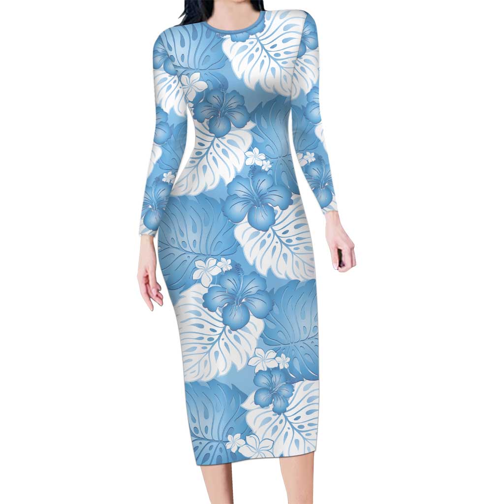 Blue Aloha Hawaii Long Sleeve Bodycon Dress Monstera Hibiscus Plumeria Seamless Vibes - Polynesian Pride