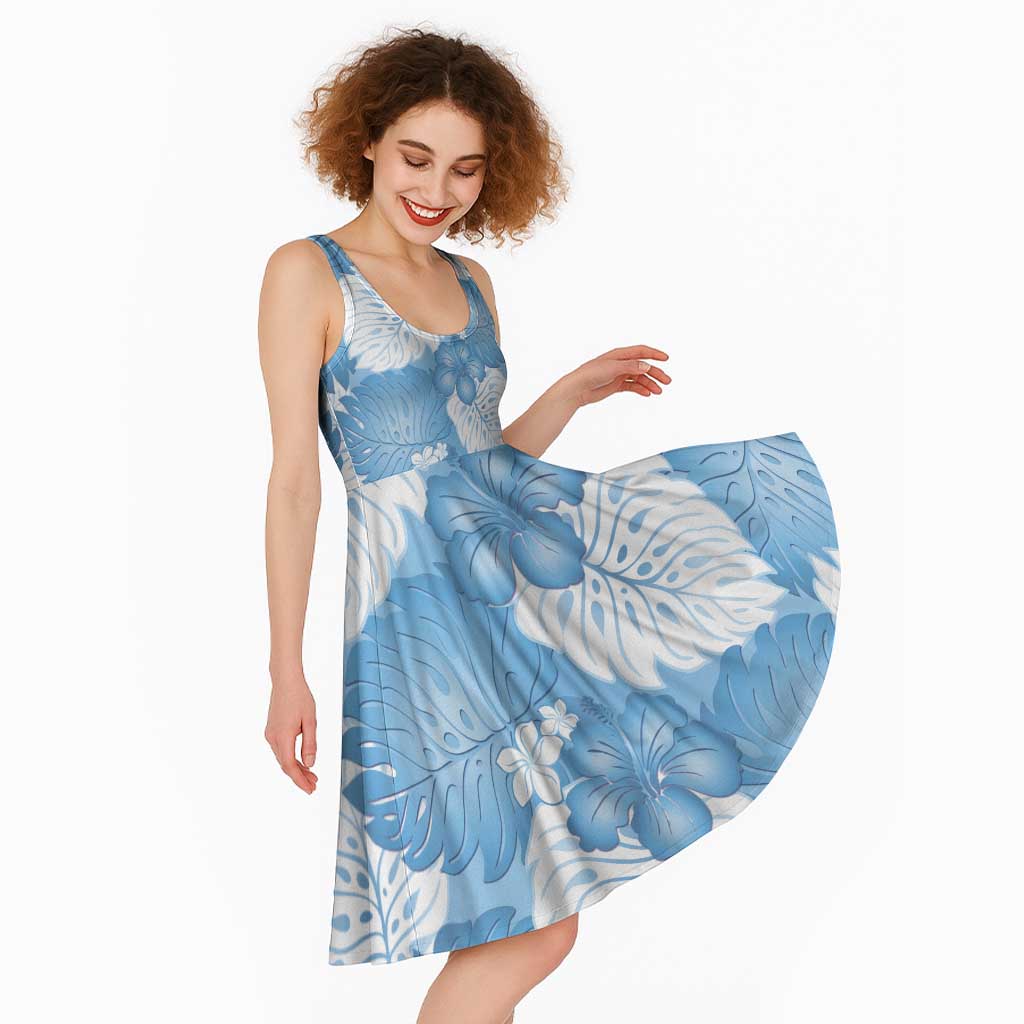 Blue Aloha Hawaii Midi Dress Monstera Hibiscus Plumeria Seamless Vibes - Polynesian Pride