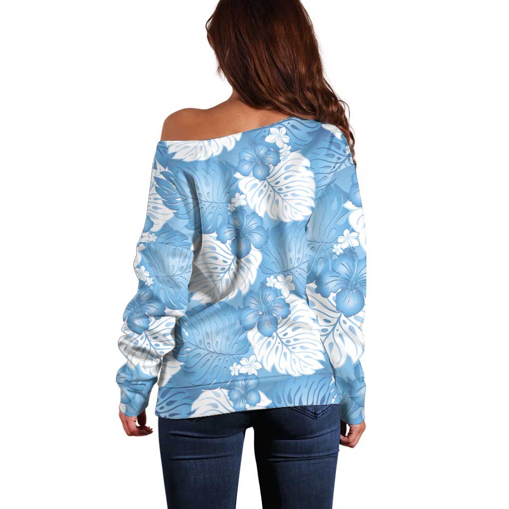 Blue Aloha Hawaii Off Shoulder Sweater Monstera Hibiscus Plumeria Seamless Vibes - Polynesian Pride