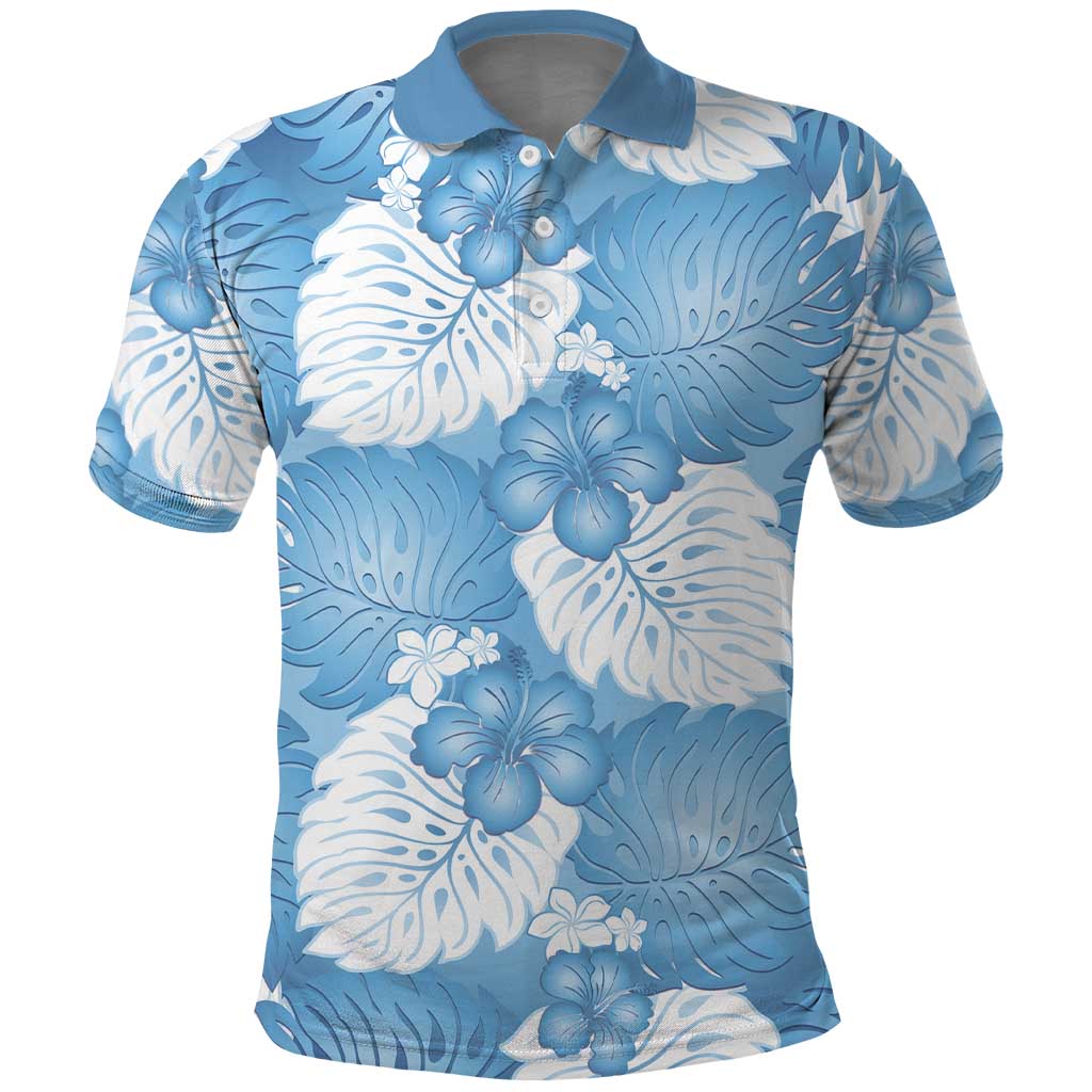 Blue Aloha Hawaii Polo Shirt Monstera Hibiscus Plumeria Seamless Vibes - Polynesian Pride