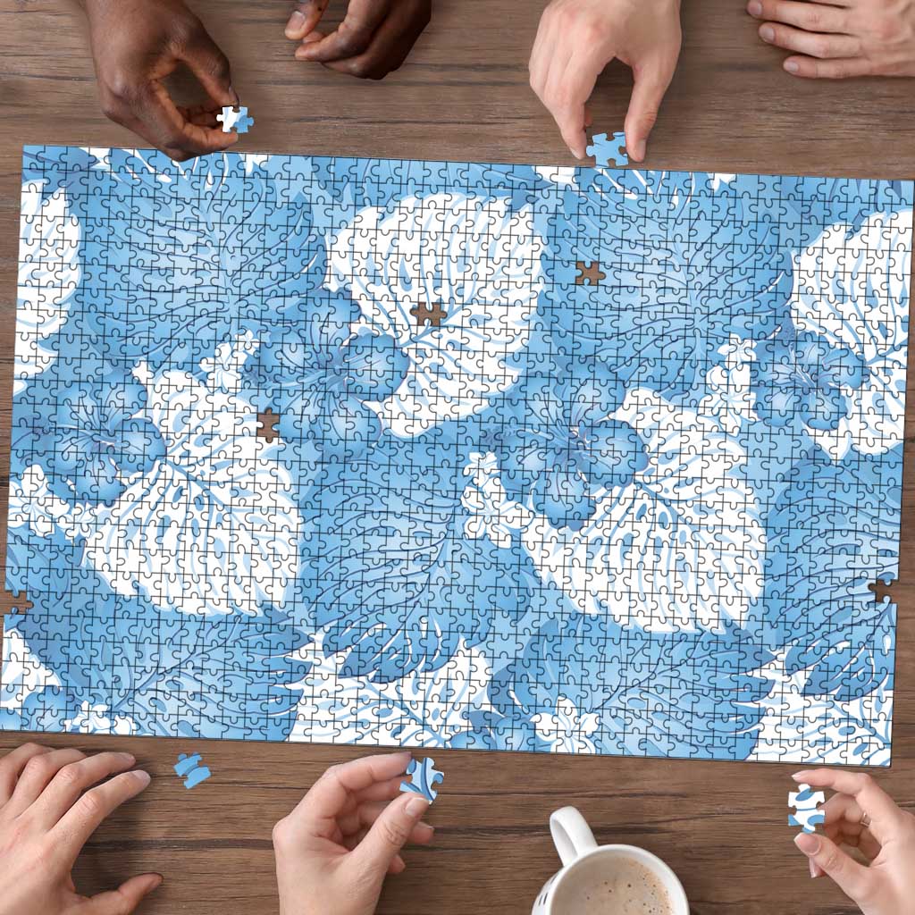 Blue Aloha Hawaii Puzzle Monstera Hibiscus Plumeria Seamless Vibes - Polynesian Pride