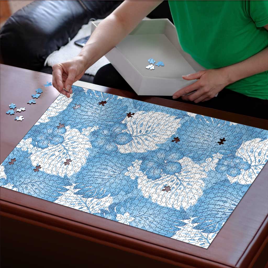 Blue Aloha Hawaii Puzzle Monstera Hibiscus Plumeria Seamless Vibes - Polynesian Pride