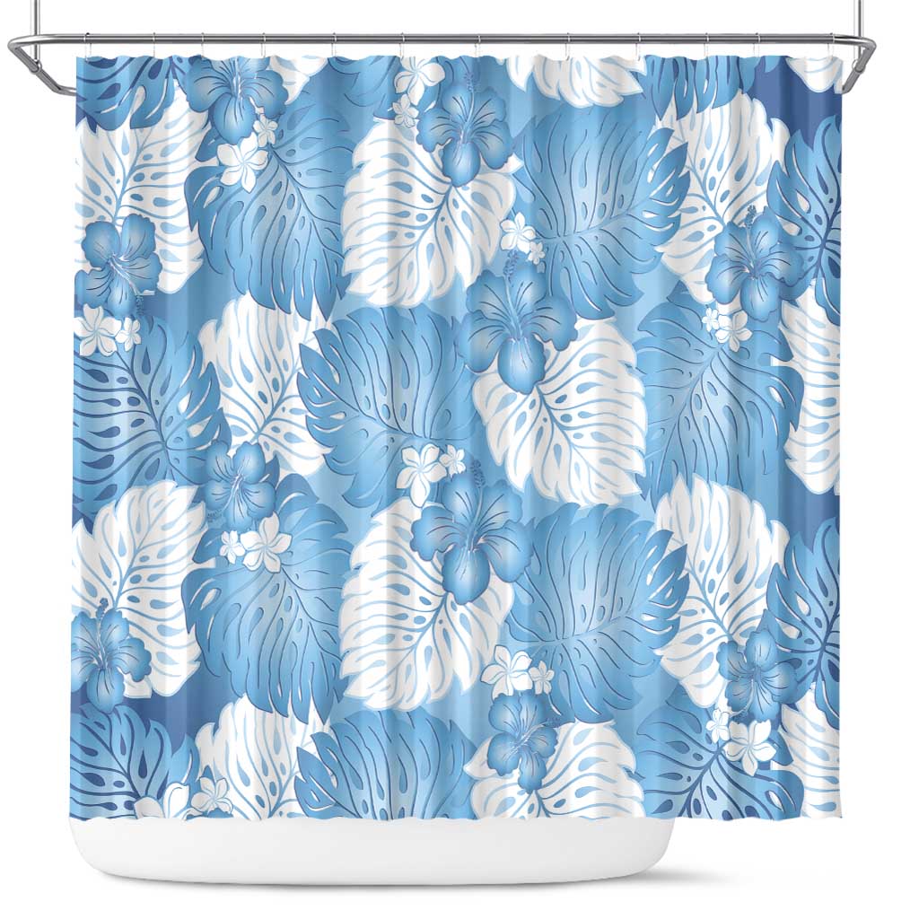 Blue Aloha Hawaii Shower Curtain Monstera Hibiscus Plumeria Seamless Vibes - Polynesian Pride