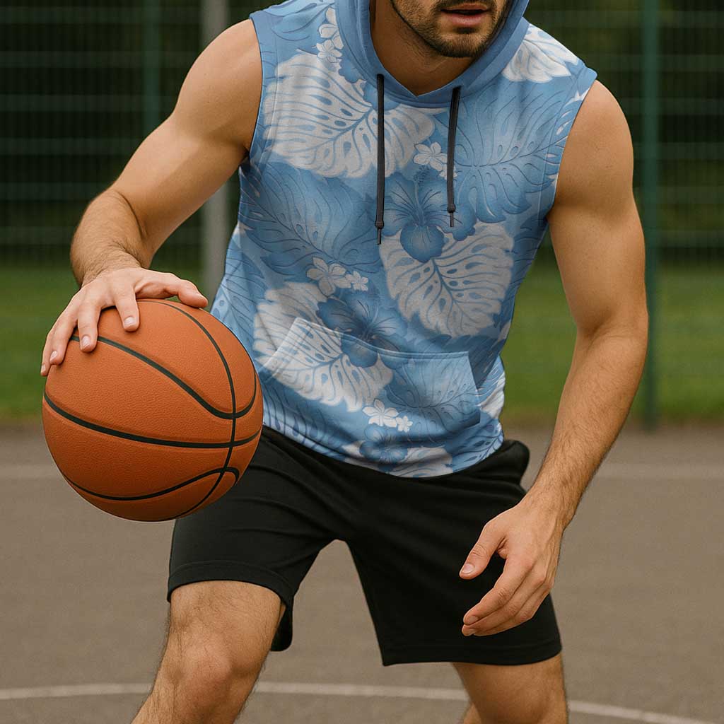 Blue Aloha Hawaii Sleeveless Hoodie Monstera Hibiscus Plumeria Seamless Vibes - Polynesian Pride