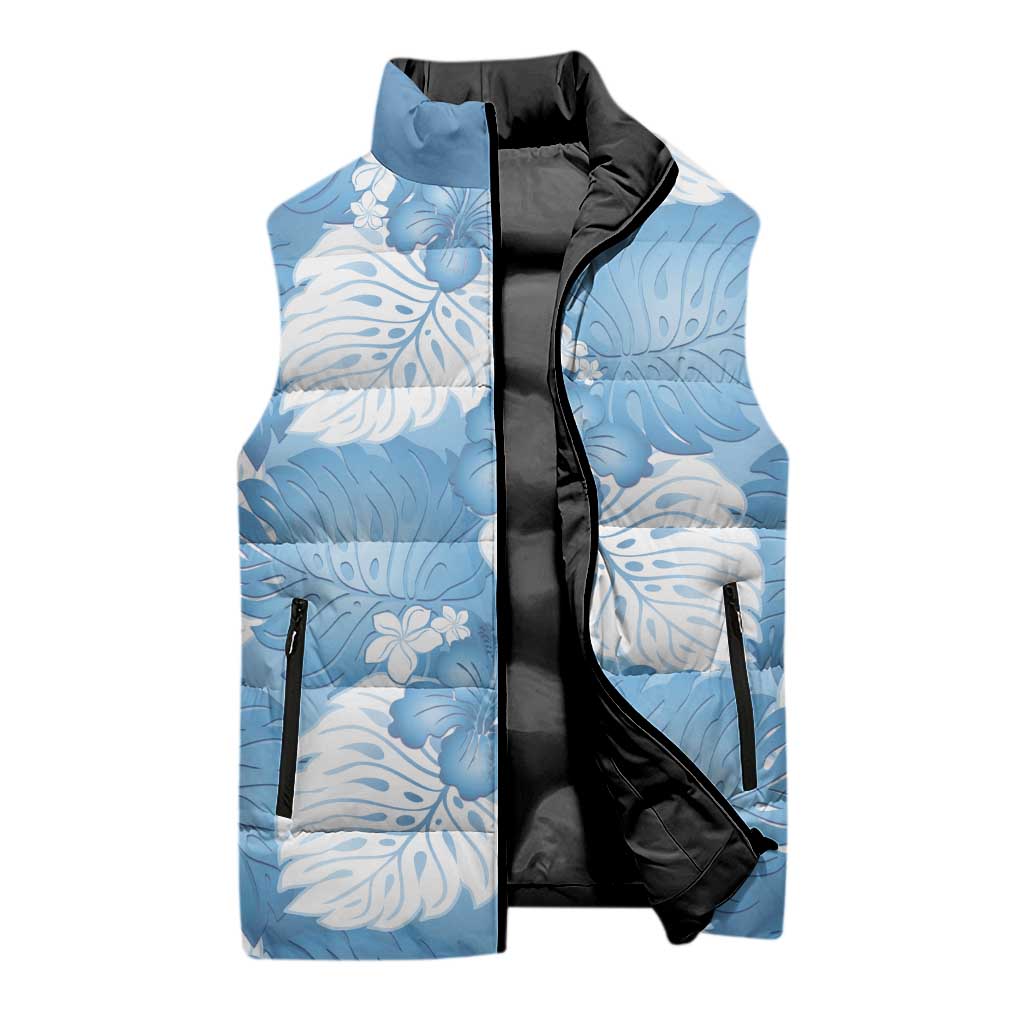 Blue Aloha Hawaii Sleeveless Puffer Jacket Monstera Hibiscus Plumeria Seamless Vibes - Polynesian Pride