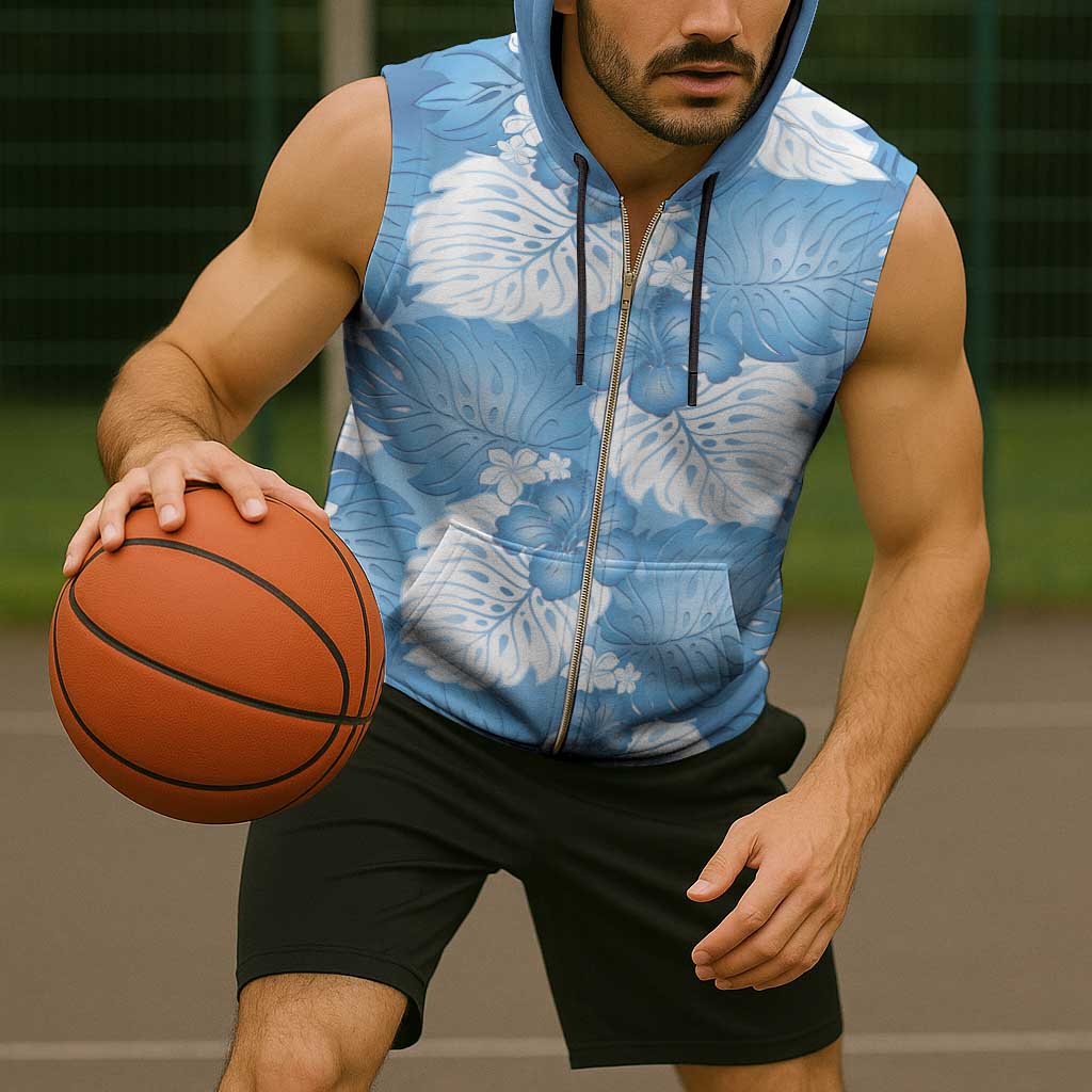 Blue Aloha Hawaii Sleeveless Zip Hoodie Monstera Hibiscus Plumeria Seamless Vibes - Polynesian Pride