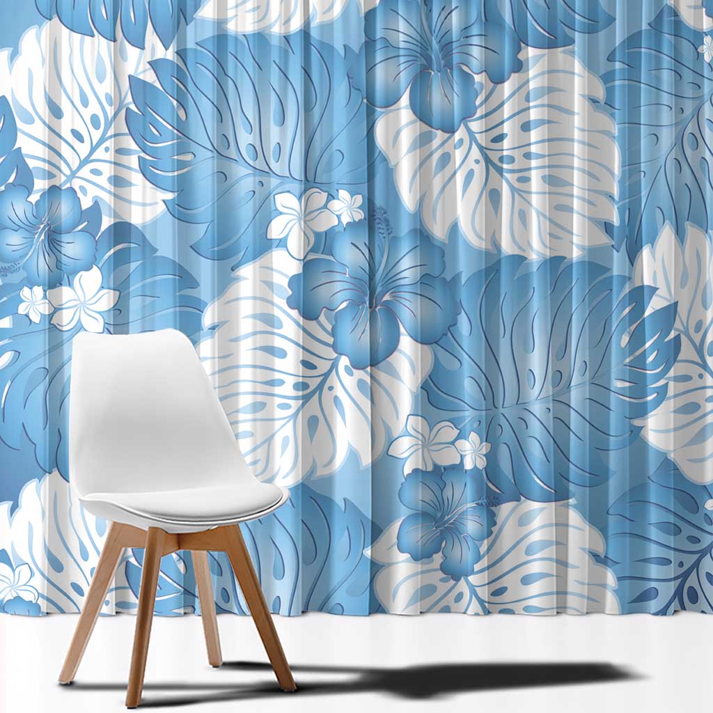 Blue Aloha Hawaii Window Curtain Monstera Hibiscus Plumeria Seamless Vibes - Polynesian Pride