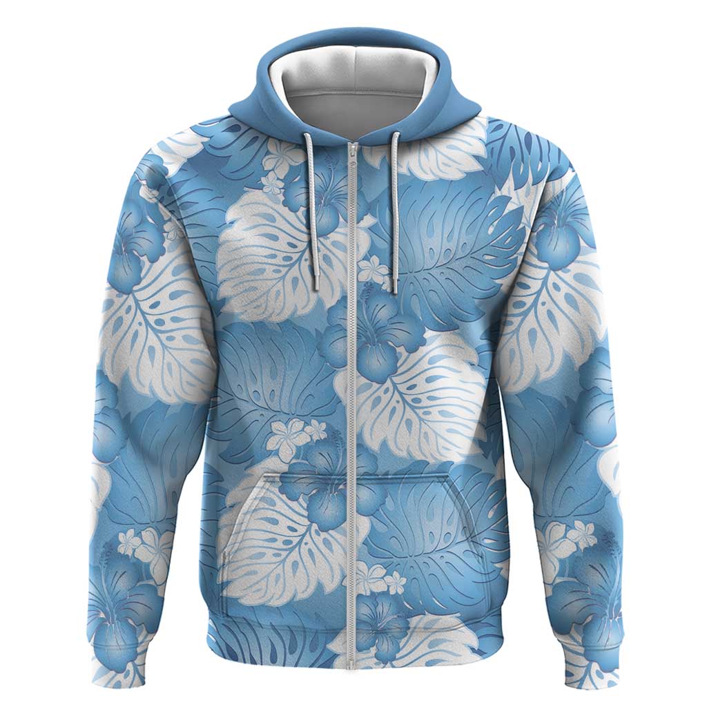 Blue Aloha Hawaii Zip Hoodie Monstera Hibiscus Plumeria Seamless Vibes - Polynesian Pride