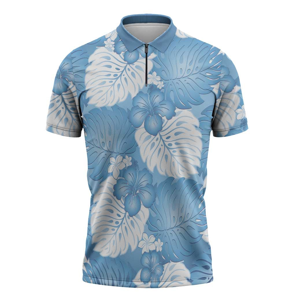 Blue Aloha Hawaii Zipper Polo Shirt Monstera Hibiscus Plumeria Seamless Vibes - Polynesian Pride