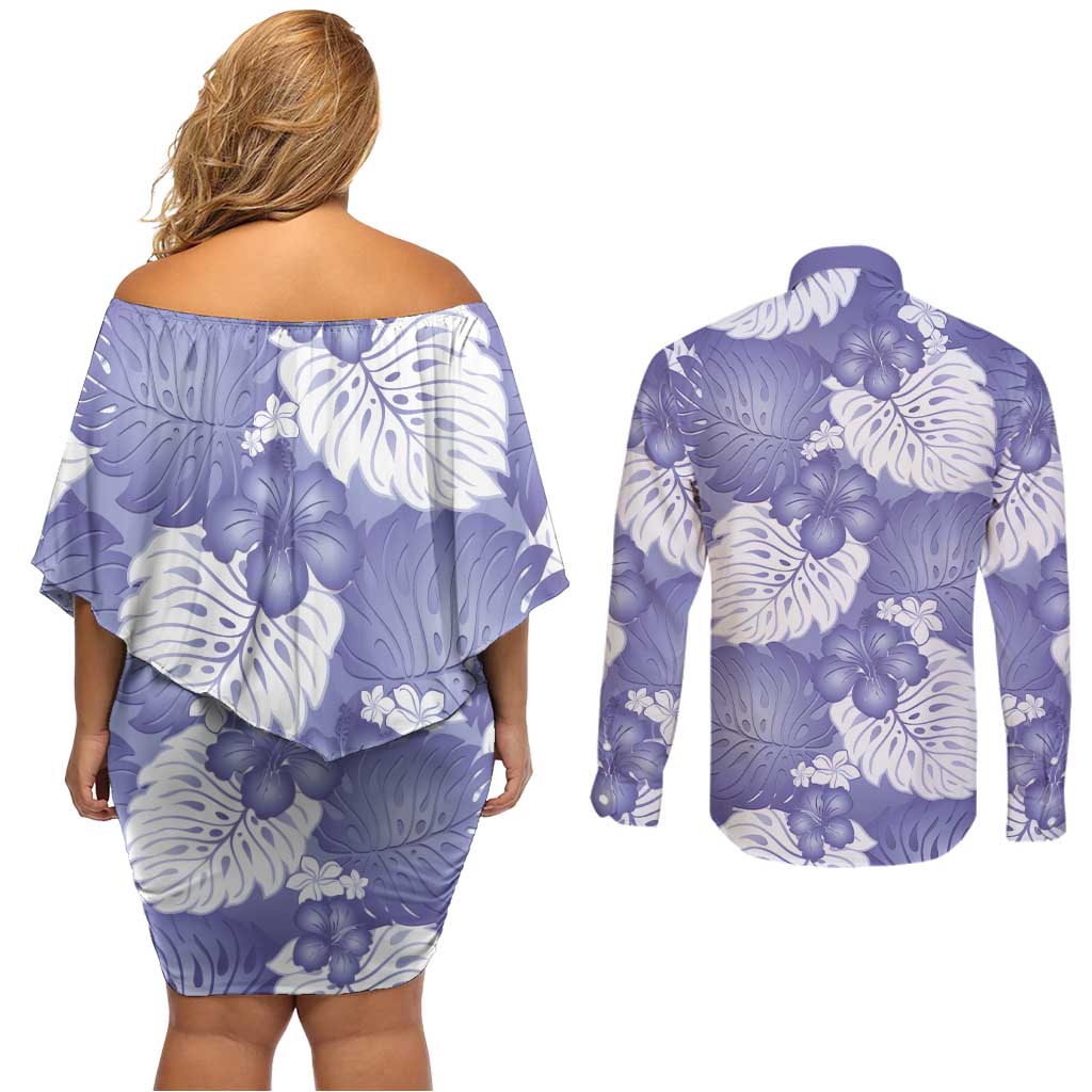 Purple Aloha Hawaii Couples Matching Off Shoulder Short Dress and Long Sleeve Button Shirt Monstera Hibiscus Plumeria Seamless Vibes - Polynesian Pride