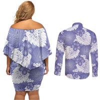 Purple Aloha Hawaii Couples Matching Off Shoulder Short Dress and Long Sleeve Button Shirt Monstera Hibiscus Plumeria Seamless Vibes - Polynesian Pride