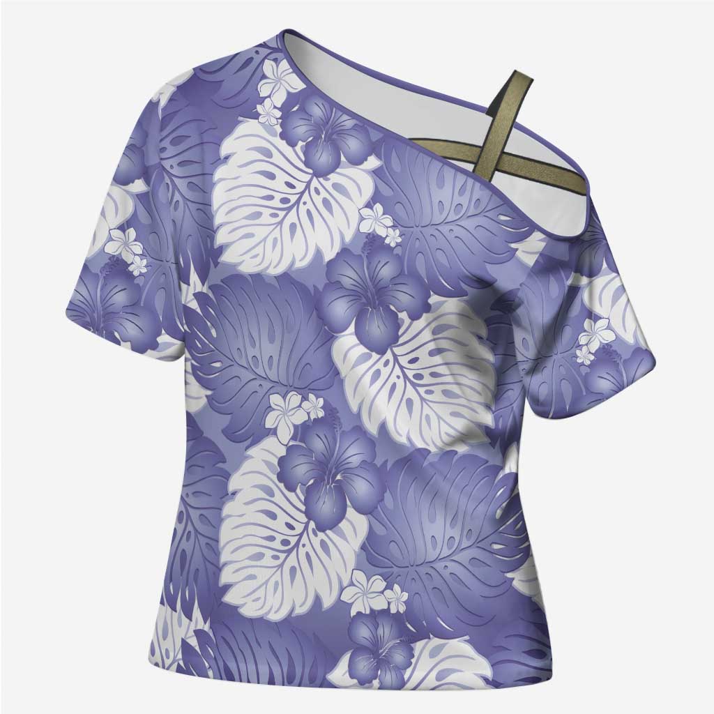 Purple Aloha Hawaii Cross Shoulder Shirt Monstera Hibiscus Plumeria Seamless Vibes - Polynesian Pride