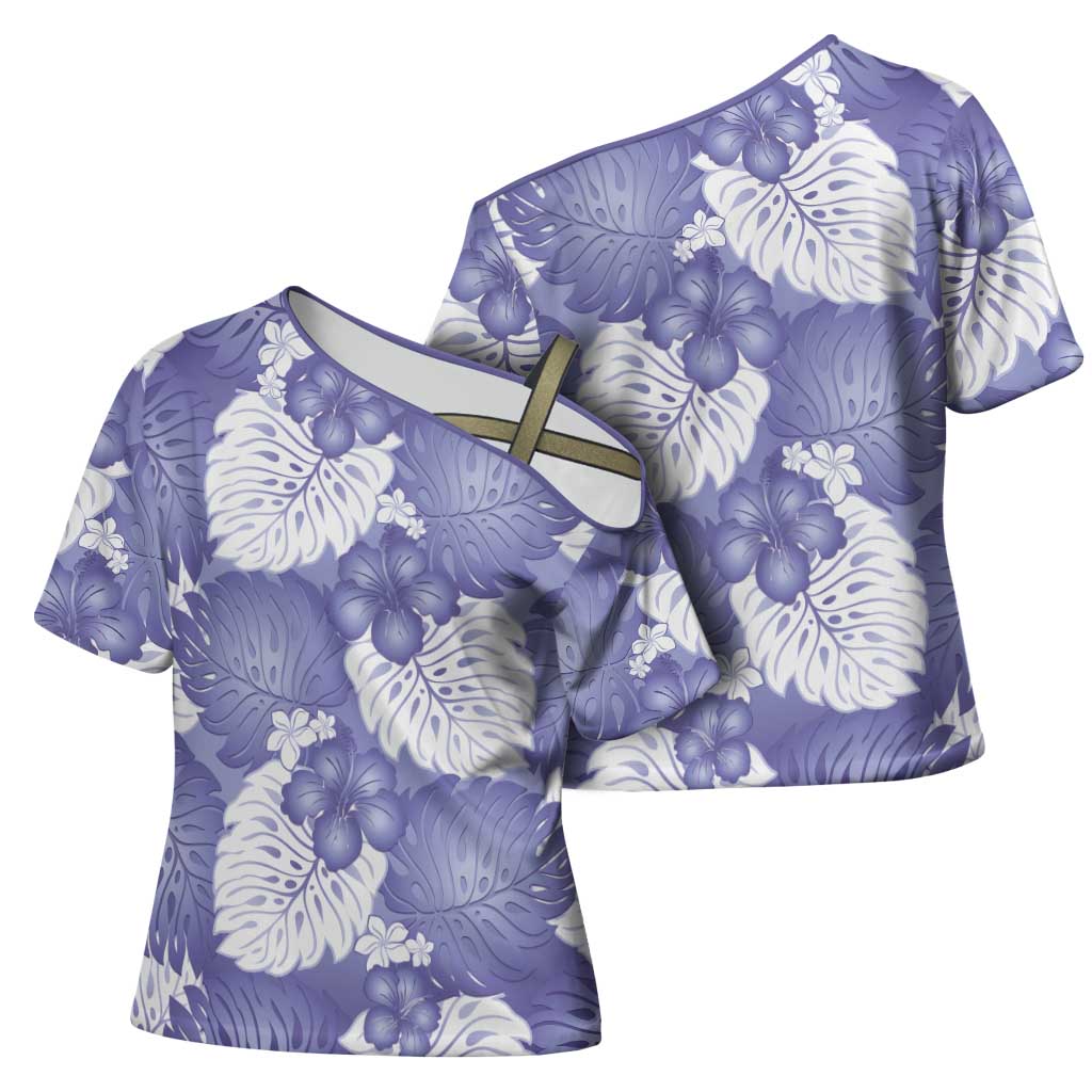 Purple Aloha Hawaii Cross Shoulder Shirt Monstera Hibiscus Plumeria Seamless Vibes - Polynesian Pride