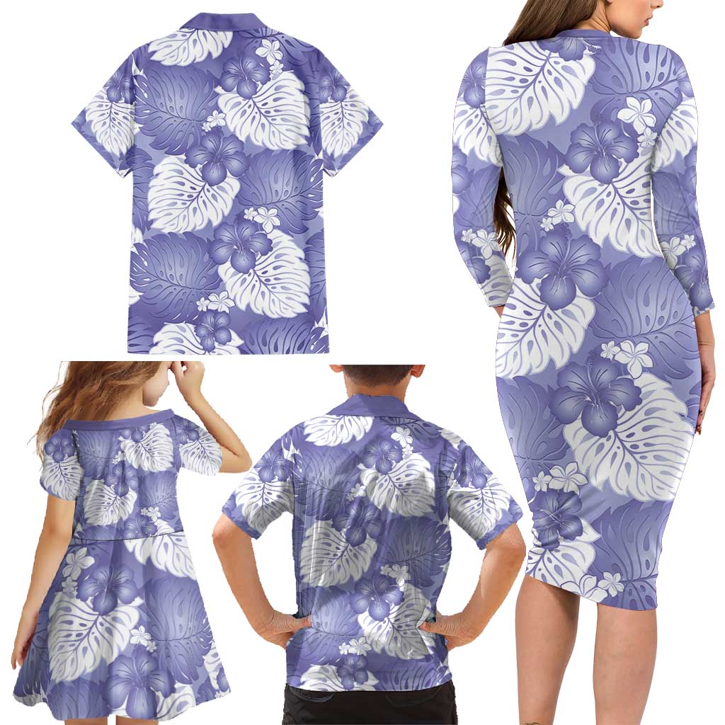 Purple Aloha Hawaii Family Matching Long Sleeve Bodycon Dress and Hawaiian Shirt Monstera Hibiscus Plumeria Seamless Vibes - Polynesian Pride