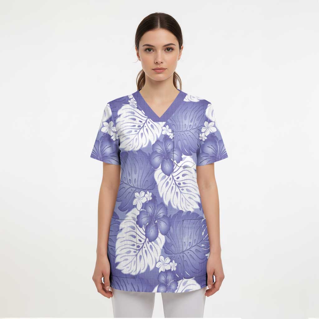 Purple Aloha Hawaii Scrub Top Monstera Hibiscus Plumeria Seamless Vibes - Polynesian Pride