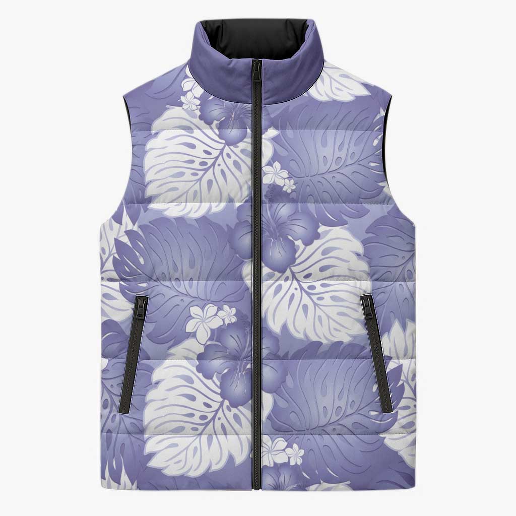 Purple Aloha Hawaii Sleeveless Puffer Jacket Monstera Hibiscus Plumeria Seamless Vibes - Polynesian Pride