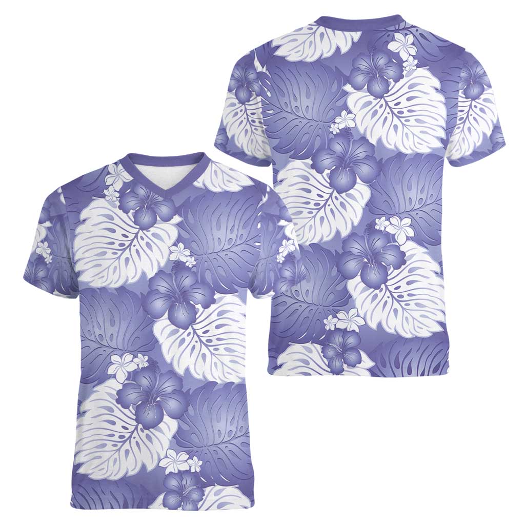 Purple Aloha Hawaii Women V-Neck T-Shirt Monstera Hibiscus Plumeria Seamless Vibes - Polynesian Pride