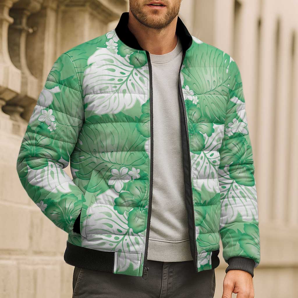Green Aloha Hawaii Bomber Puffer Jacket Monstera Hibiscus Plumeria Seamless Vibes - Polynesian Pride