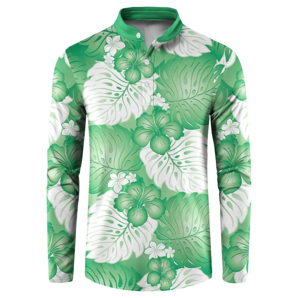 Green Aloha Hawaii Button Sweatshirt Monstera Hibiscus Plumeria Seamless Vibes - Polynesian Pride
