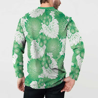 Green Aloha Hawaii Button Sweatshirt Monstera Hibiscus Plumeria Seamless Vibes - Polynesian Pride