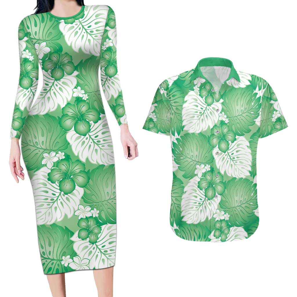 Green Aloha Hawaii Couples Matching Long Sleeve Bodycon Dress and Hawaiian Shirt Monstera Hibiscus Plumeria Seamless Vibes - Polynesian Pride