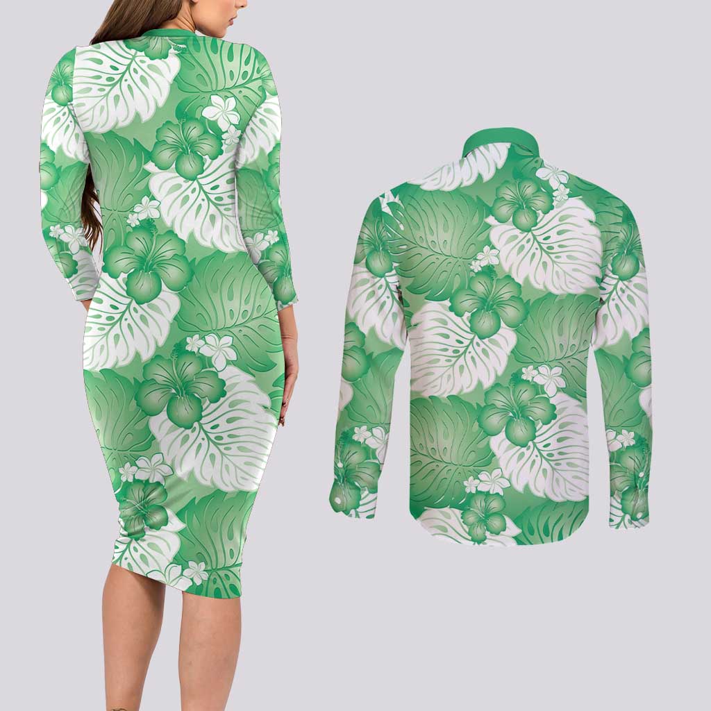 Green Aloha Hawaii Couples Matching Long Sleeve Bodycon Dress and Long Sleeve Button Shirt Monstera Hibiscus Plumeria Seamless Vibes - Polynesian Pride