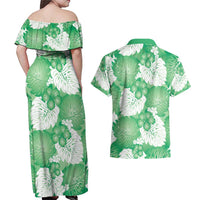 Green Aloha Hawaii Couples Matching Off Shoulder Maxi Dress and Hawaiian Shirt Monstera Hibiscus Plumeria Seamless Vibes - Polynesian Pride