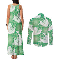 Green Aloha Hawaii Couples Matching Tank Maxi Dress and Long Sleeve Button Shirt Monstera Hibiscus Plumeria Seamless Vibes - Polynesian Pride