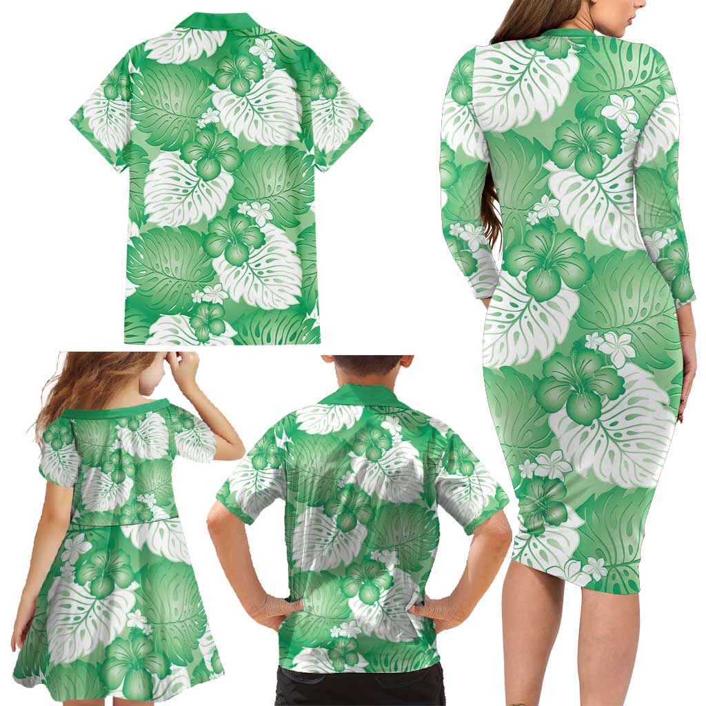 Green Aloha Hawaii Family Matching Long Sleeve Bodycon Dress and Hawaiian Shirt Monstera Hibiscus Plumeria Seamless Vibes - Polynesian Pride