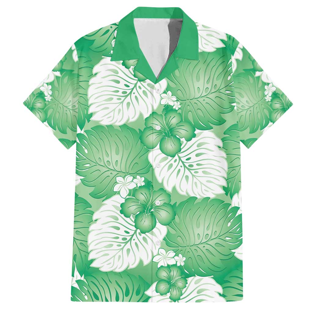 Green Aloha Hawaii Family Matching Long Sleeve Bodycon Dress and Hawaiian Shirt Monstera Hibiscus Plumeria Seamless Vibes - Polynesian Pride