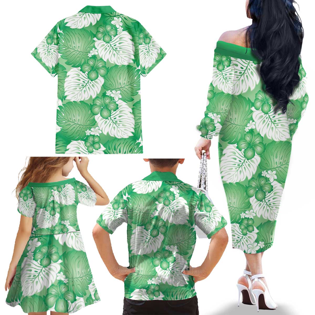 Green Aloha Hawaii Family Matching Off The Shoulder Long Sleeve Dress and Hawaiian Shirt Monstera Hibiscus Plumeria Seamless Vibes - Polynesian Pride