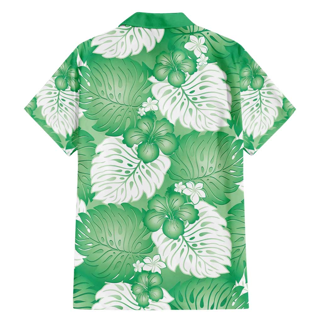 Green Aloha Hawaii Family Matching Off Shoulder Short Dress and Hawaiian Shirt Monstera Hibiscus Plumeria Seamless Vibes - Polynesian Pride