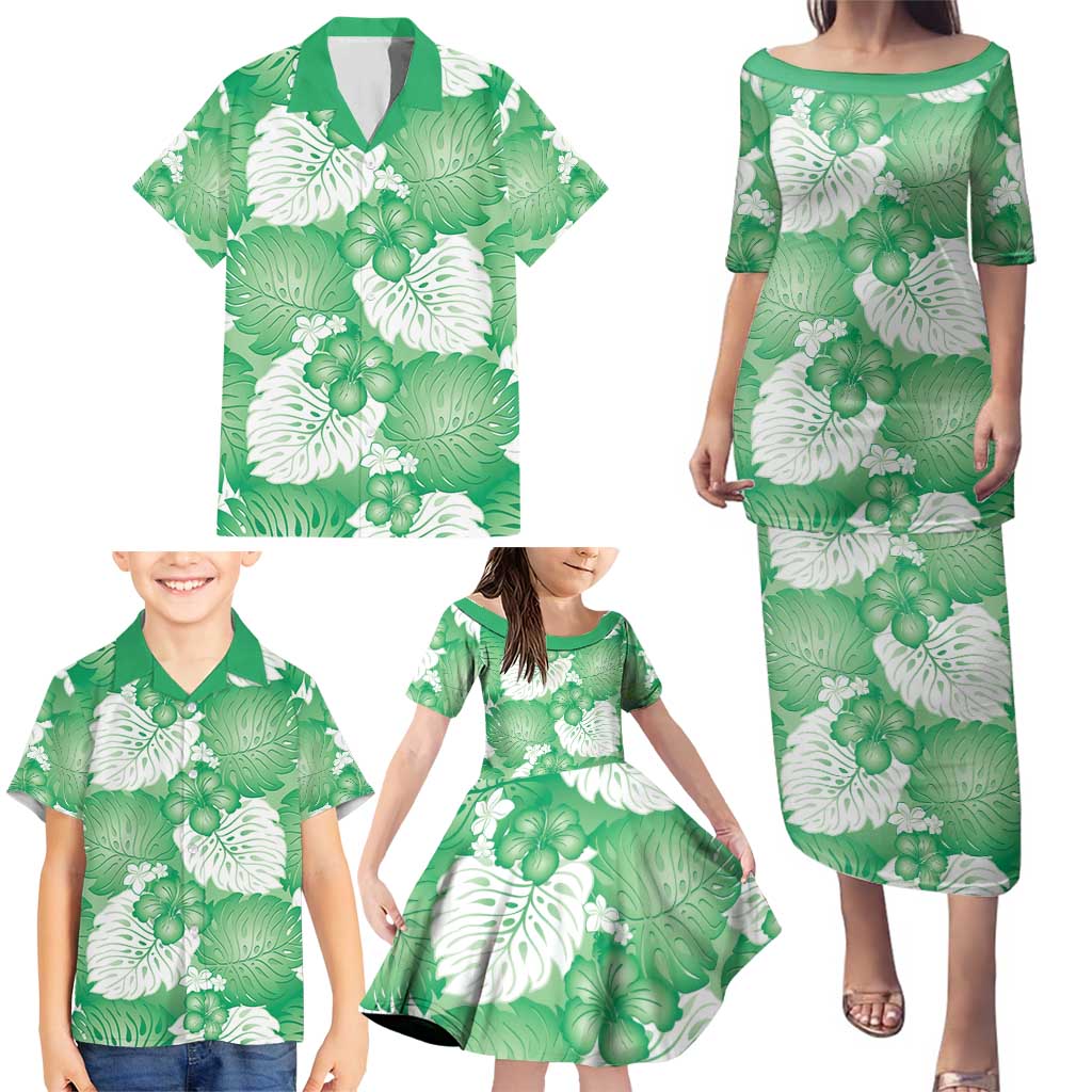 Green Aloha Hawaii Family Matching Puletasi and Hawaiian Shirt Monstera Hibiscus Plumeria Seamless Vibes - Polynesian Pride