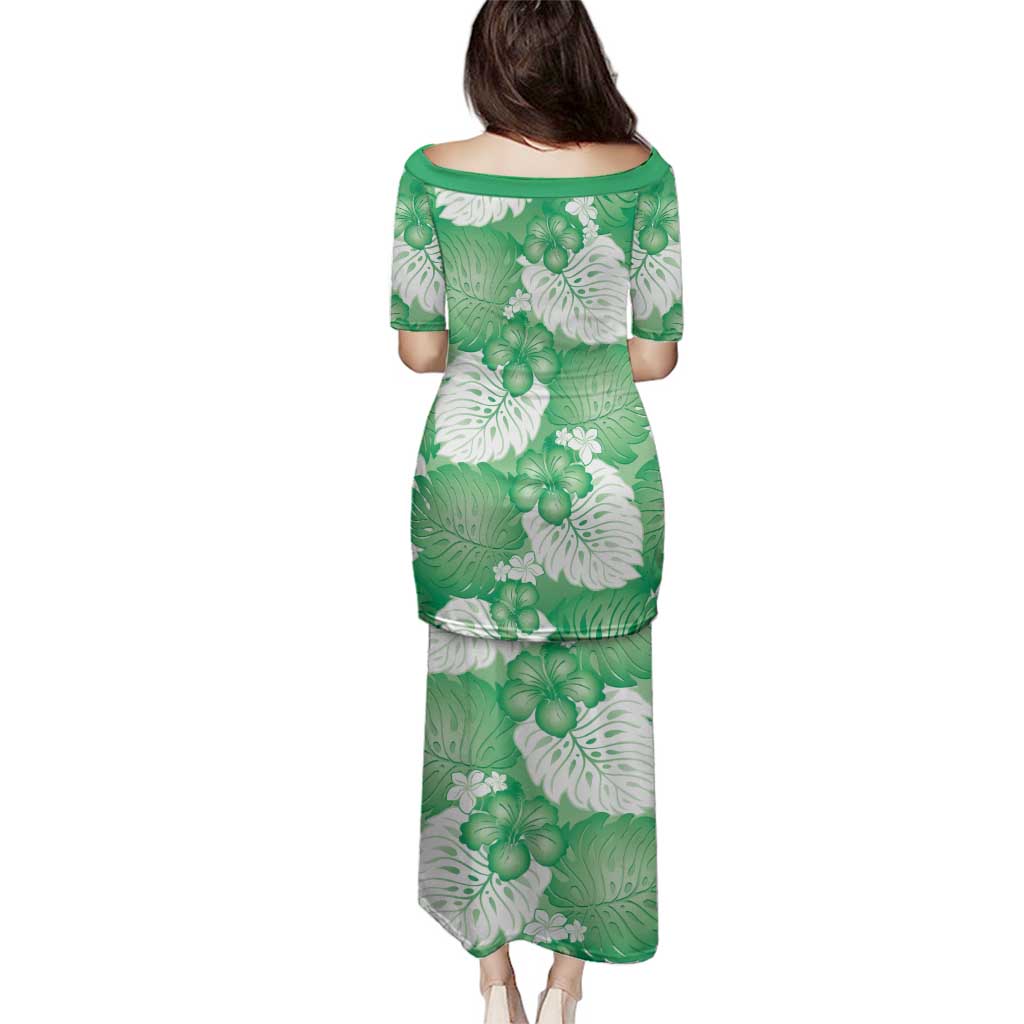 Green Aloha Hawaii Family Matching Puletasi and Hawaiian Shirt Monstera Hibiscus Plumeria Seamless Vibes - Polynesian Pride