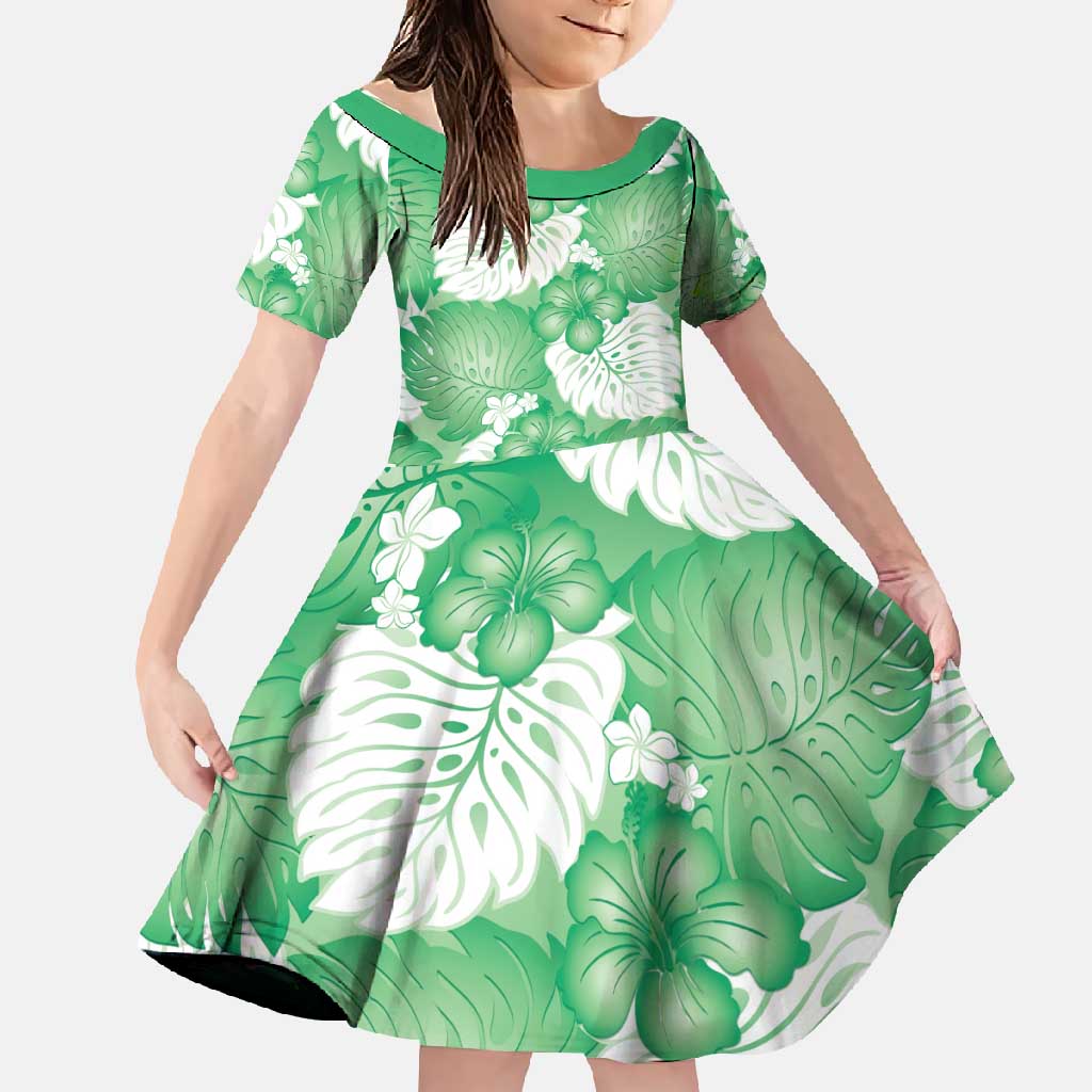 Green Aloha Hawaii Family Matching Short Sleeve Bodycon Dress and Hawaiian Shirt Monstera Hibiscus Plumeria Seamless Vibes - Polynesian Pride