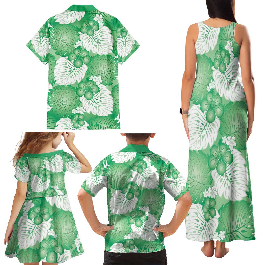 Green Aloha Hawaii Family Matching Tank Maxi Dress and Hawaiian Shirt Monstera Hibiscus Plumeria Seamless Vibes - Polynesian Pride