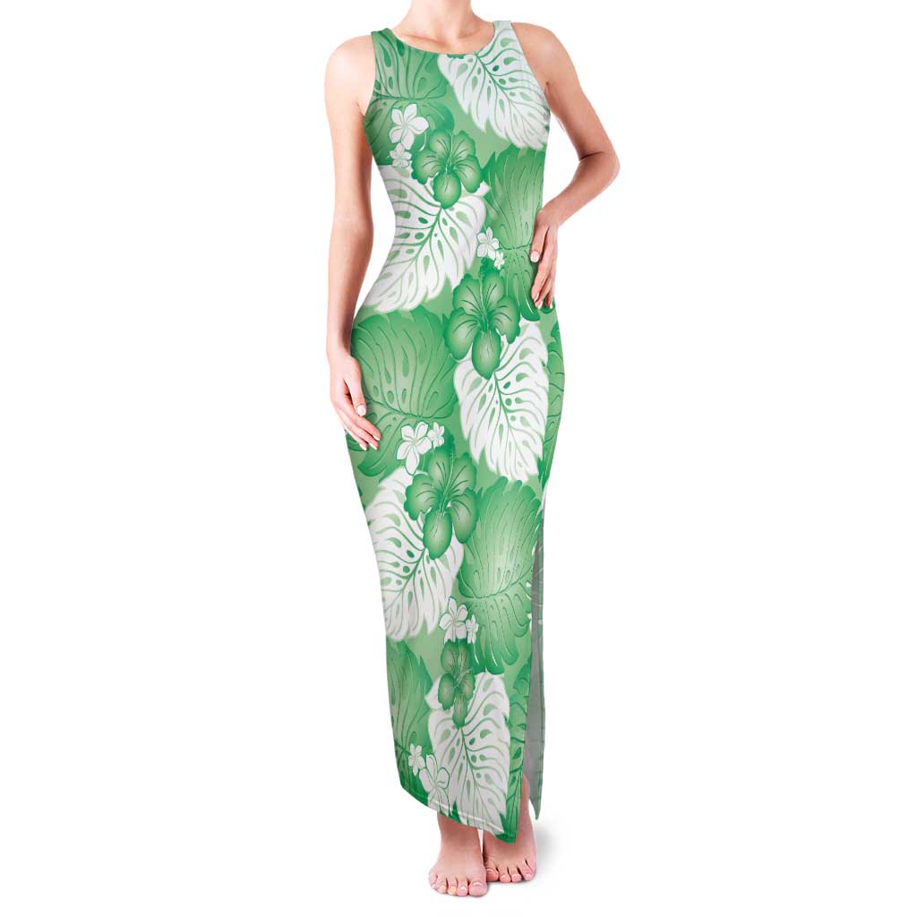 Green Aloha Hawaii Family Matching Tank Maxi Dress and Hawaiian Shirt Monstera Hibiscus Plumeria Seamless Vibes - Polynesian Pride