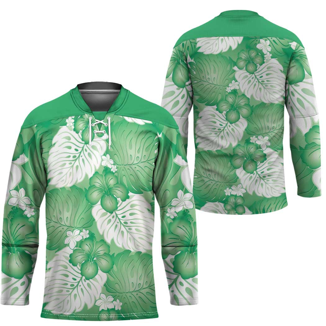 Green Aloha Hawaii Hockey Jersey Monstera Hibiscus Plumeria Seamless Vibes LT14 - Polynesian Pride