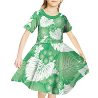 Green Aloha Hawaii Kid Short Sleeve Dress Monstera Hibiscus Plumeria Seamless Vibes - Polynesian Pride
