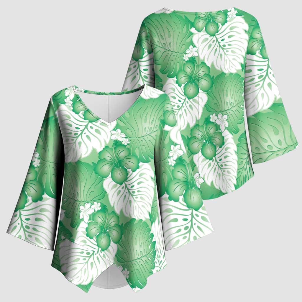 Green Aloha Hawaii Kimono Sleeve Blouse Monstera Hibiscus Plumeria Seamless Vibes - Polynesian Pride