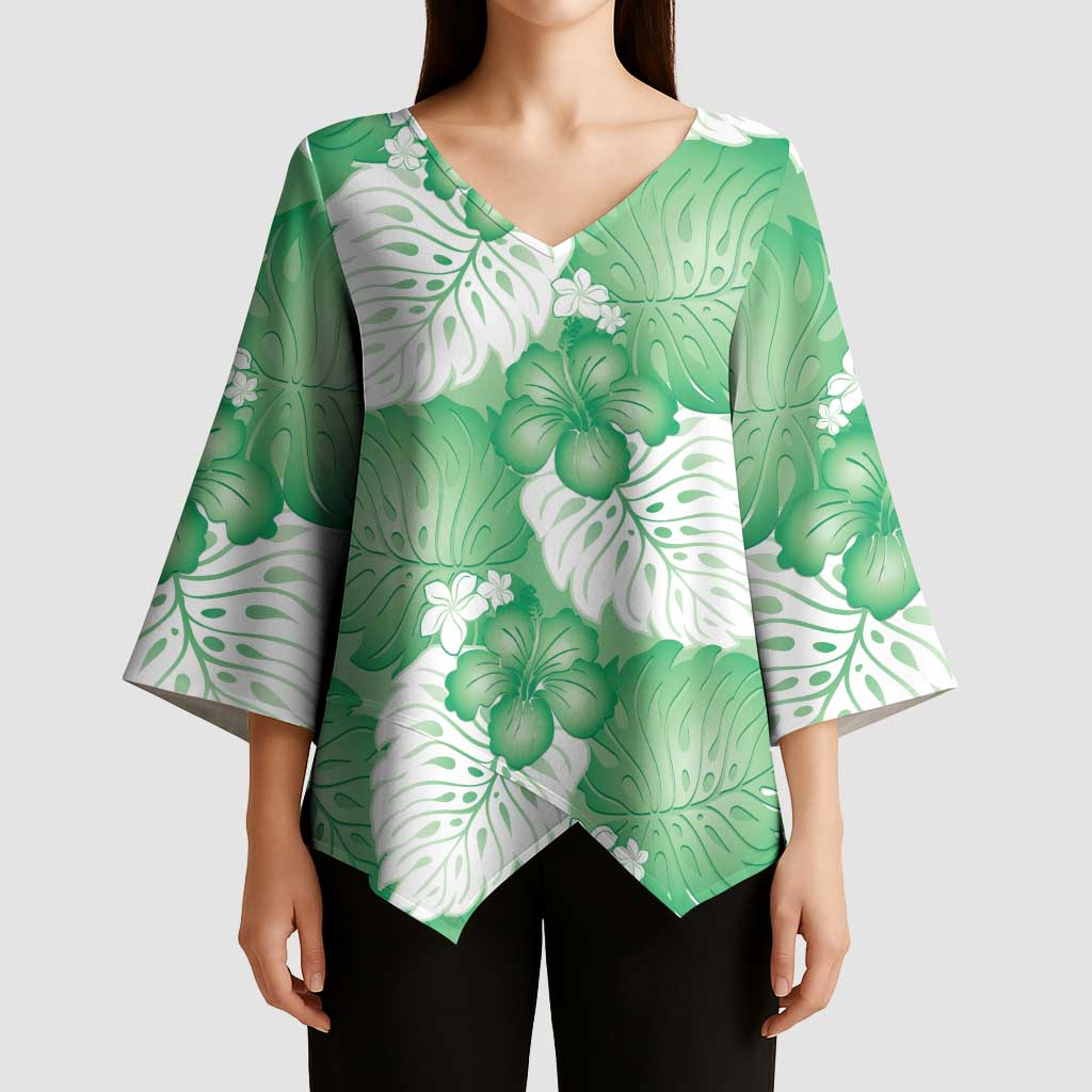 Green Aloha Hawaii Kimono Sleeve Blouse Monstera Hibiscus Plumeria Seamless Vibes - Polynesian Pride