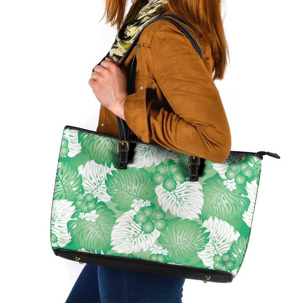 Green Aloha Hawaii Leather Tote Bag Monstera Hibiscus Plumeria Seamless Vibes - Polynesian Pride