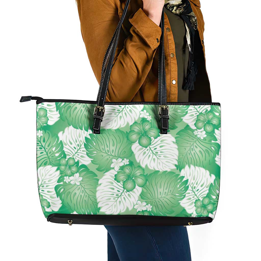Green Aloha Hawaii Leather Tote Bag Monstera Hibiscus Plumeria Seamless Vibes - Polynesian Pride