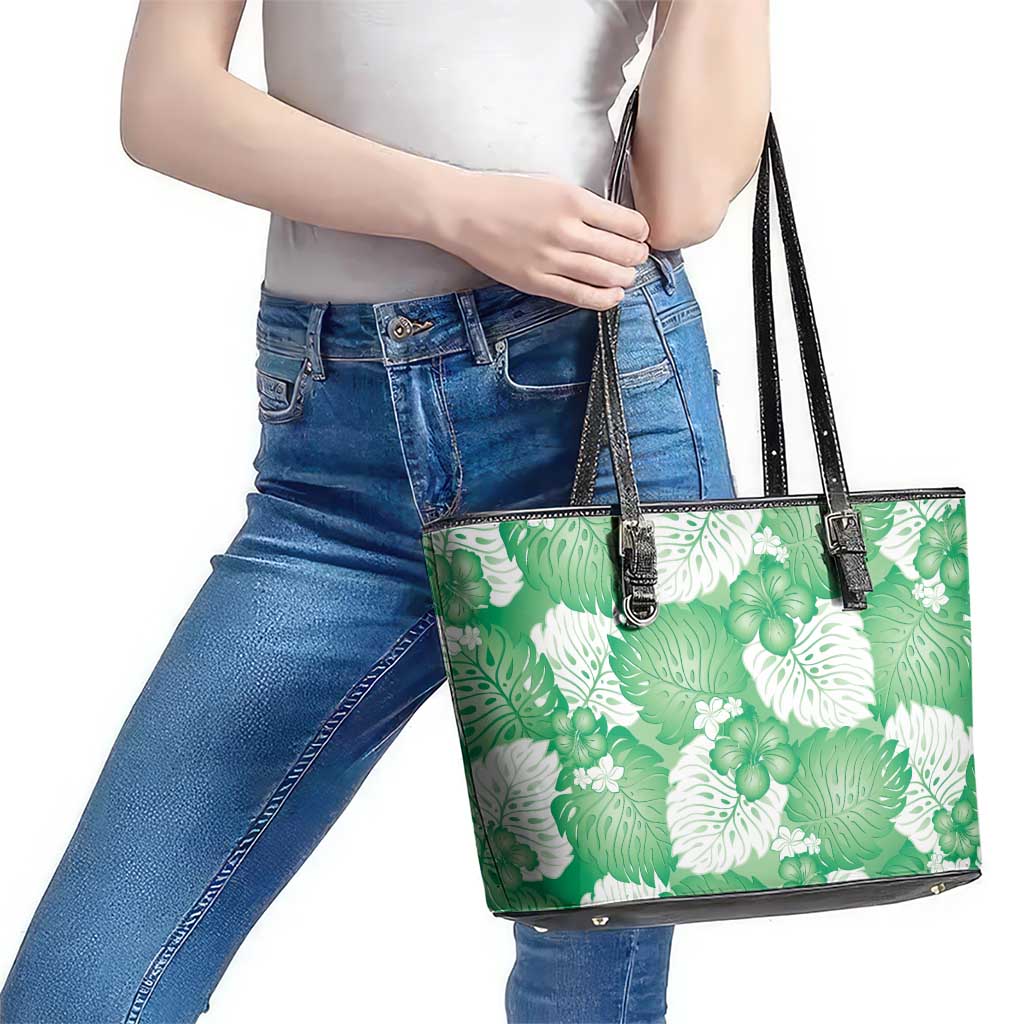 Green Aloha Hawaii Leather Tote Bag Monstera Hibiscus Plumeria Seamless Vibes - Polynesian Pride