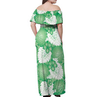 Green Aloha Hawaii Off Shoulder Maxi Dress Monstera Hibiscus Plumeria Seamless Vibes - Polynesian Pride