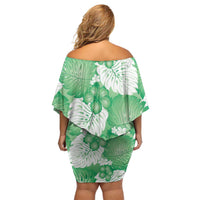 Green Aloha Hawaii Off Shoulder Short Dress Monstera Hibiscus Plumeria Seamless Vibes - Polynesian Pride