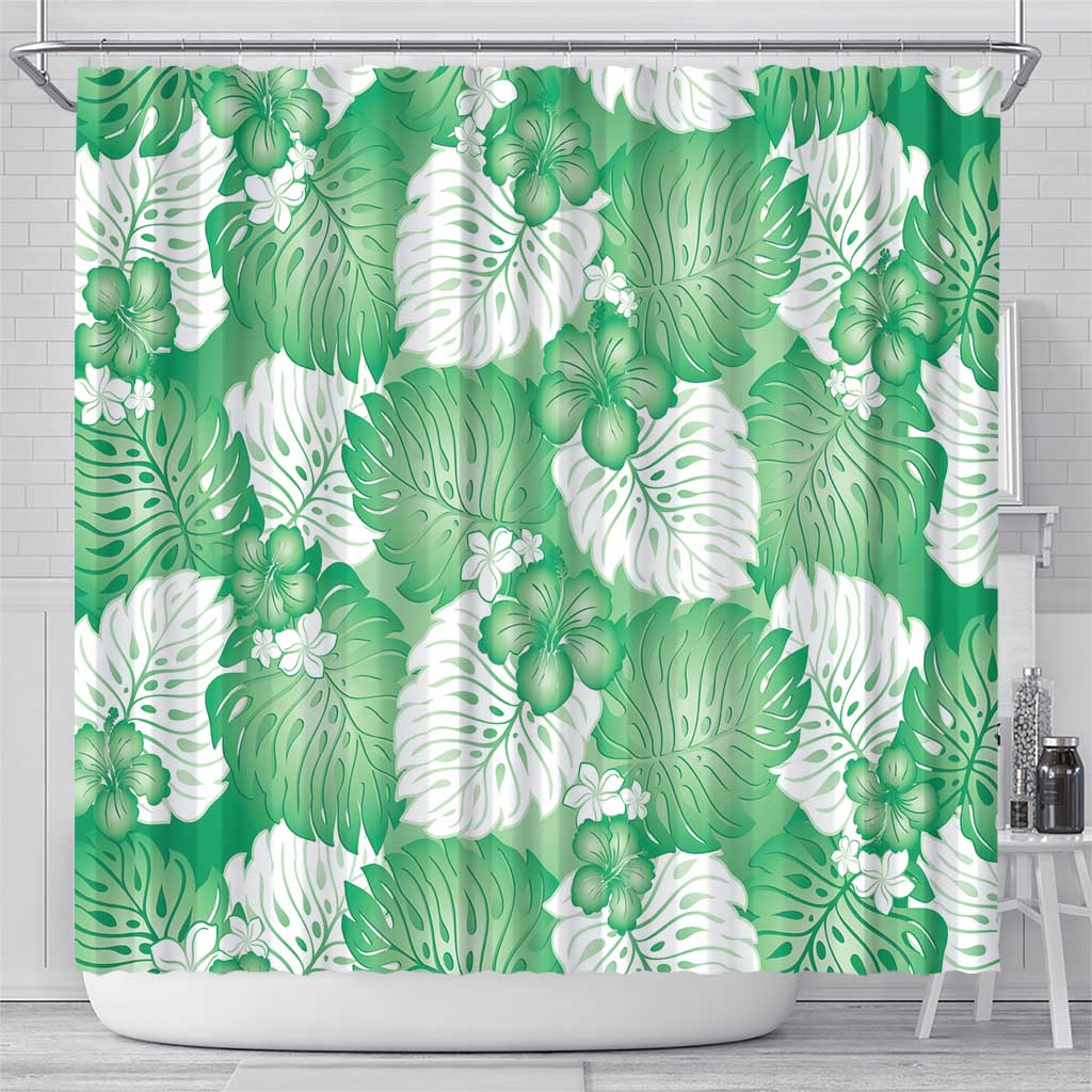 Green Aloha Hawaii Shower Curtain Monstera Hibiscus Plumeria Seamless Vibes - Polynesian Pride
