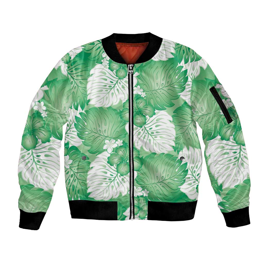 Green Aloha Hawaii Sleeve Zip Bomber Jacket Monstera Hibiscus Plumeria Seamless Vibes - Polynesian Pride